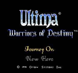 Ultima - Warriors of Destiny (USA) Title Screen